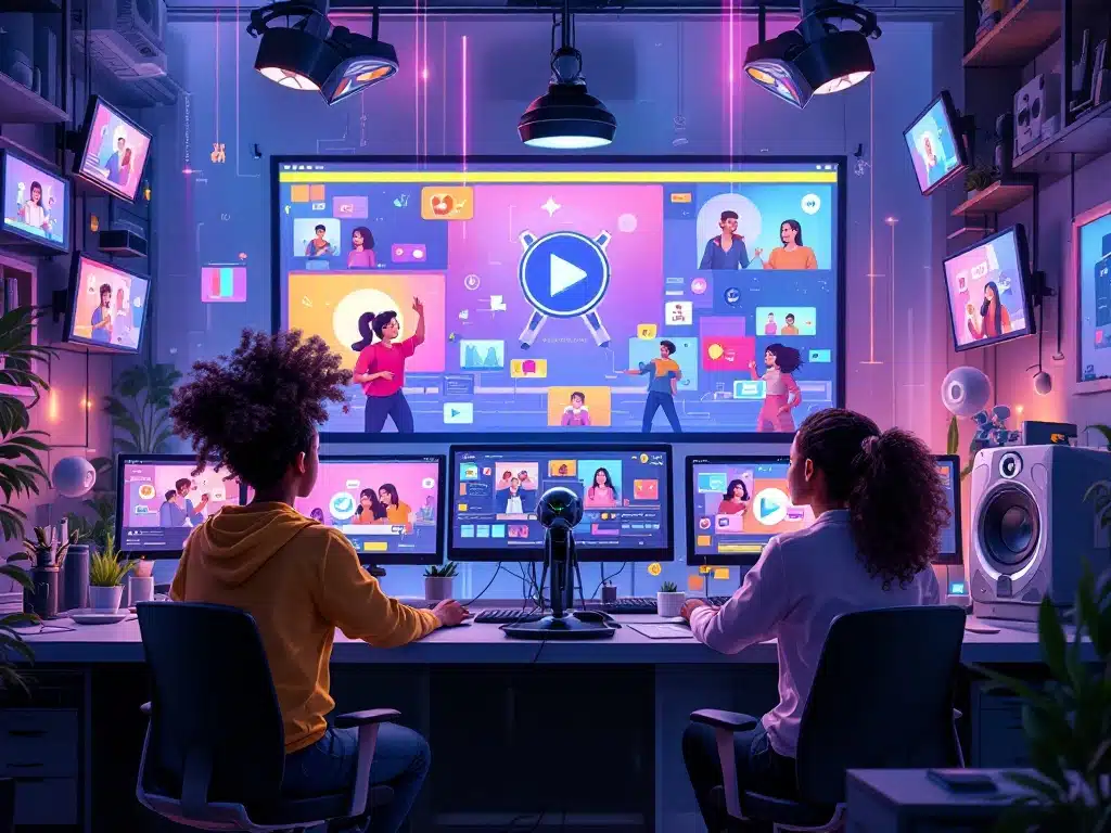 A diverse group of people in a futuristic AI video creation studio, engaging with computers and screens displaying dynamic, talking, and singing videos. The scene is vibrant and reflects creativity and innovation in AI technology.