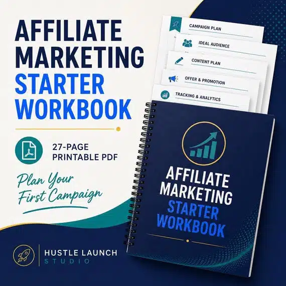 Affiliate Marketing Starter Workbook cover and campaign planning page previews