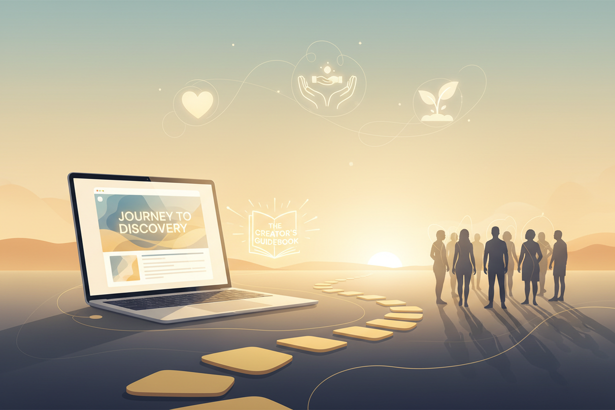 Illustration of a blog on a laptop beside a group of people and a path toward the horizon.