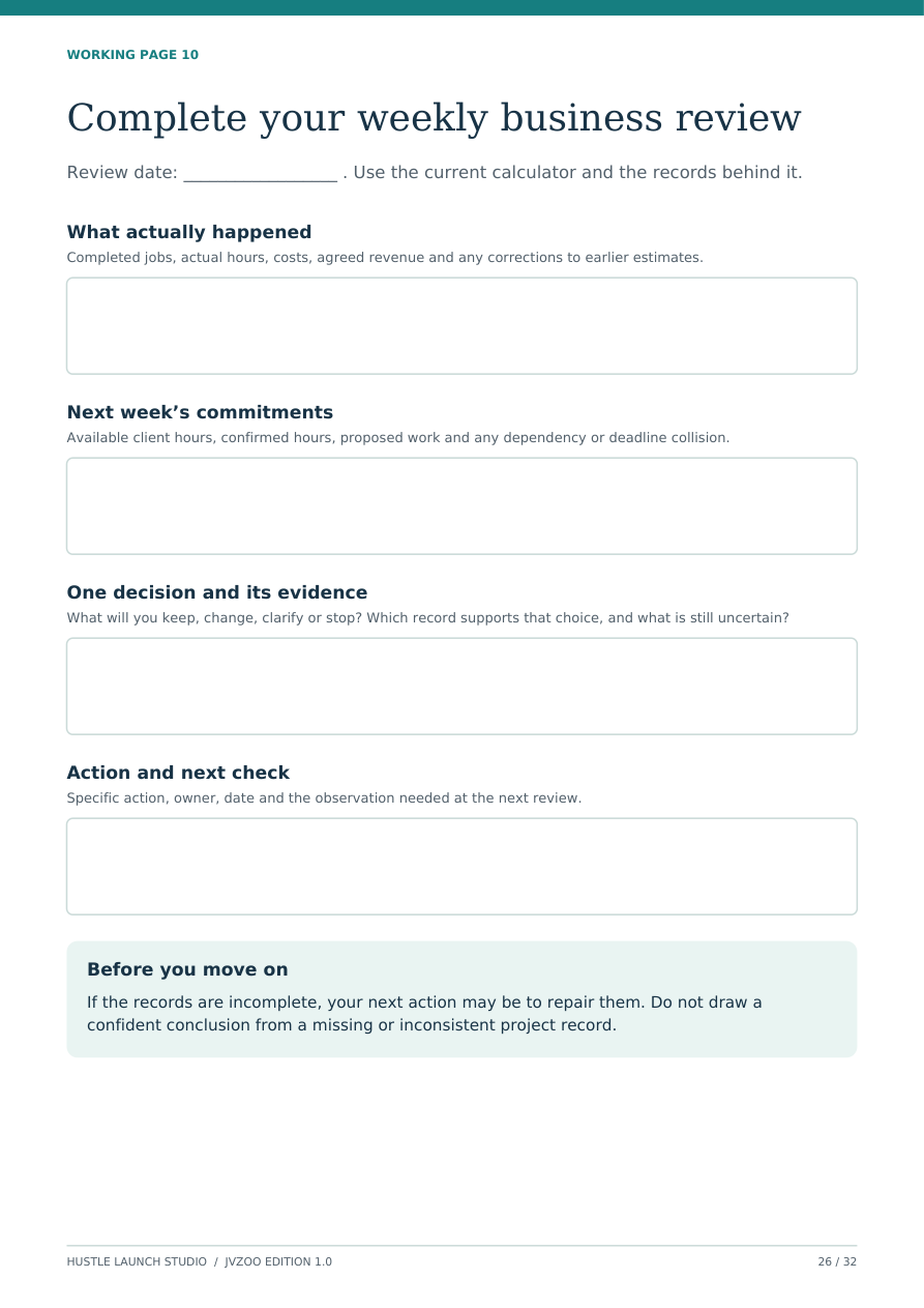 Workbook page 26 contains the weekly business review worksheet for completed work, next week’s commitments, decisions and actions.