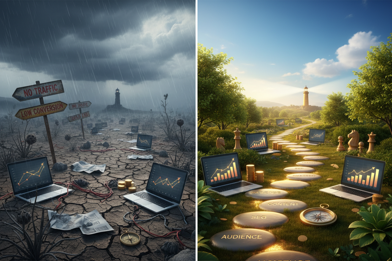 Illustration contrasting a stormy landscape with a path labeled Audience, SEO and Content.
