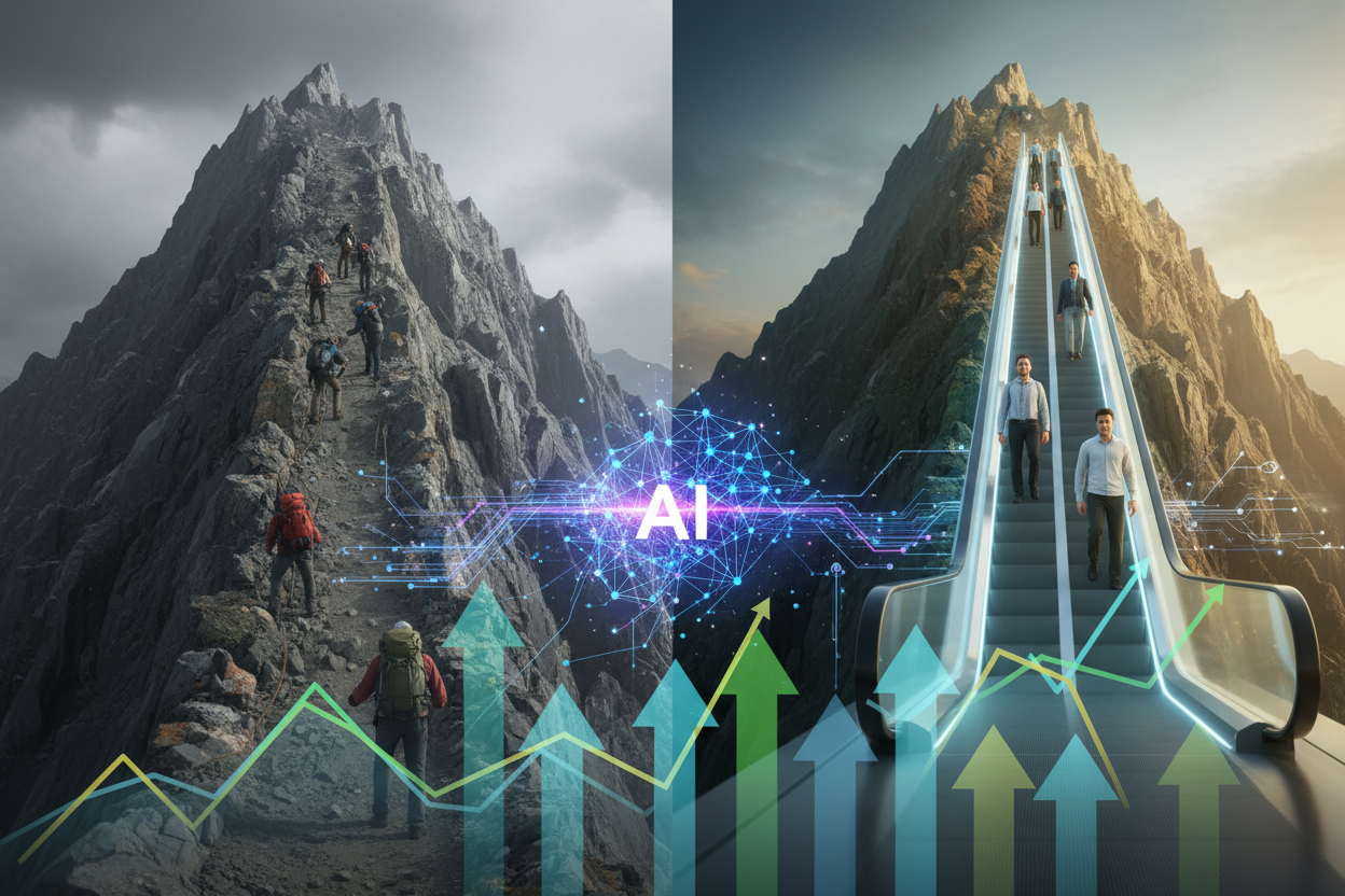 Illustration contrasting mountain climbers with an escalator beside an AI symbol.