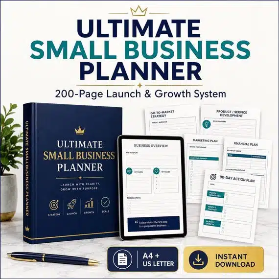 Small Business Planner cover with business, marketing and financial planning previews