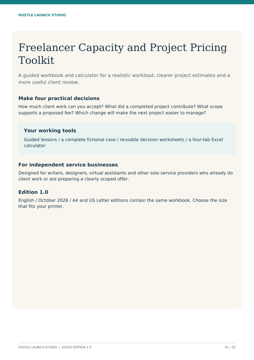 Cover of the Freelancer Capacity and Project Pricing Toolkit, a guided workbook and calculator for independent service businesses.